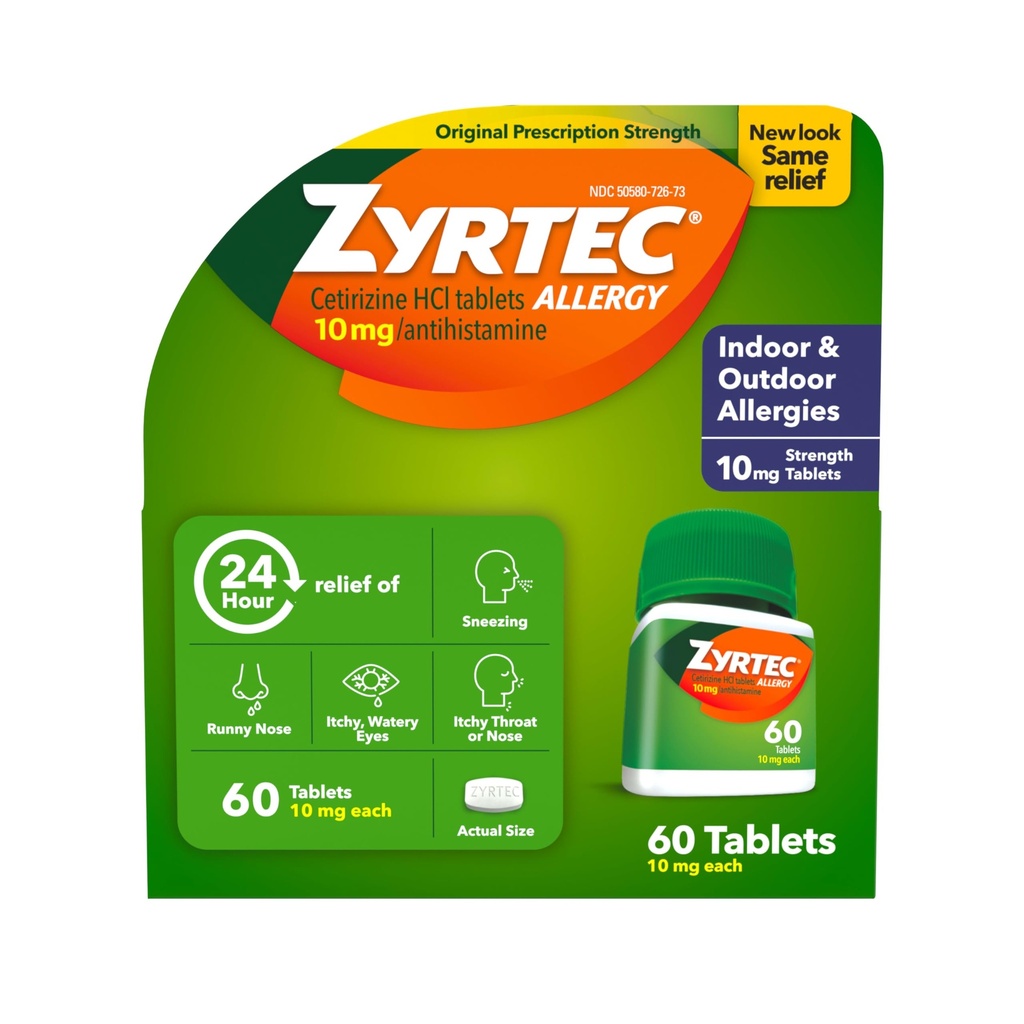 Zyrtec 24 Hodinové Alergy Relief Tablets, Indoor & Outdoor Alergy Medicine with 10 mg Cetirizine HCl per Antihistaminika Tablet, Relief of Allergies, 60 count.