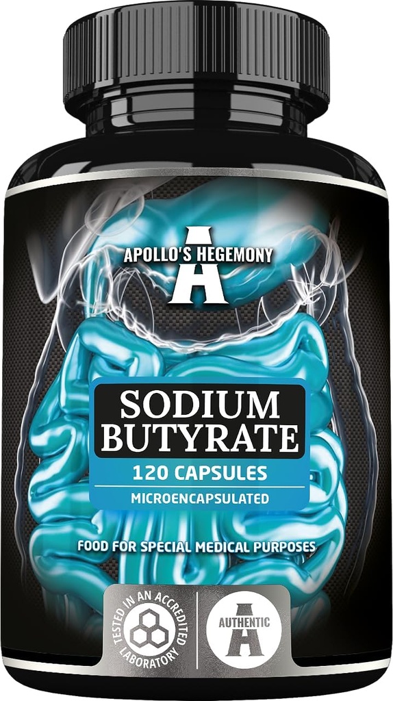 Butyrát sodný vysoká dávka 570 mg (30% kyselina butánová), 120 vegánskych kapsúl, 4 mesiace dodávky, sodík doplnok na podporu intestinálnej bariérovej regenerácie a zdravie Overal Gut - Apollo Hegemony