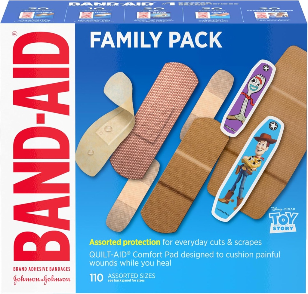 Band-Aid Brand Adhezive Bandage Rodinné Variabilné balenie v rôznych veľkostiach Predstavujeme vodné bloky Flex, Flexibilné tkaniny, pleť-Flex, Tvrdé pásy a Pixar znakové pásy, 110 ct