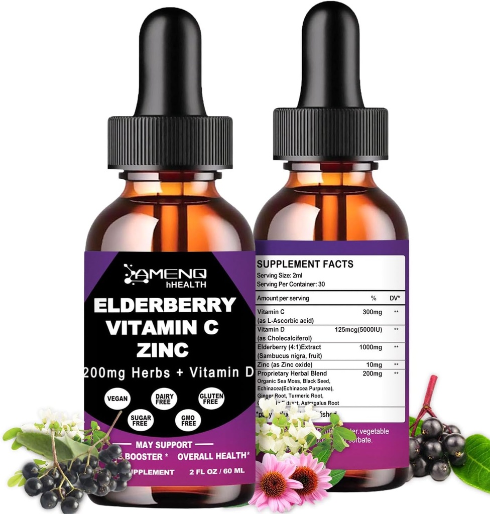 Organické bazová sirup, tekuté kvapky bazový vitamín C a zinok pre dospelých, 11- v-1 Sambucus čierna bazová tinktúra w/ vitamín D3, morské machy čierne Seed, bazová imúnna podpora doplnok