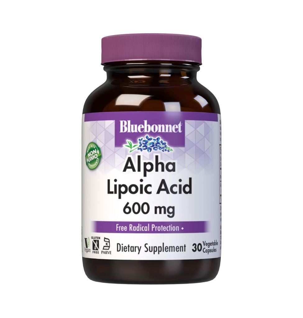 BlueBonnet Alpha Kyselina lipová 600 mg - Výkonný Antioxidant Nerve Suplement for Women & Men - Non-GMO, Vegan, Kosher - Gluten-Free, Soy-Free, Dairy-Free - 60 Rastlinné kapsule