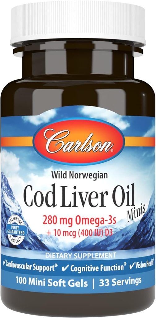 Carlson - Cod Liver Oil Minis, 280 mg Omega-3s + Vitamíny A a D3, Norway, Wild Caught, Udržateľne Zdroj, 100 Mini Softgels