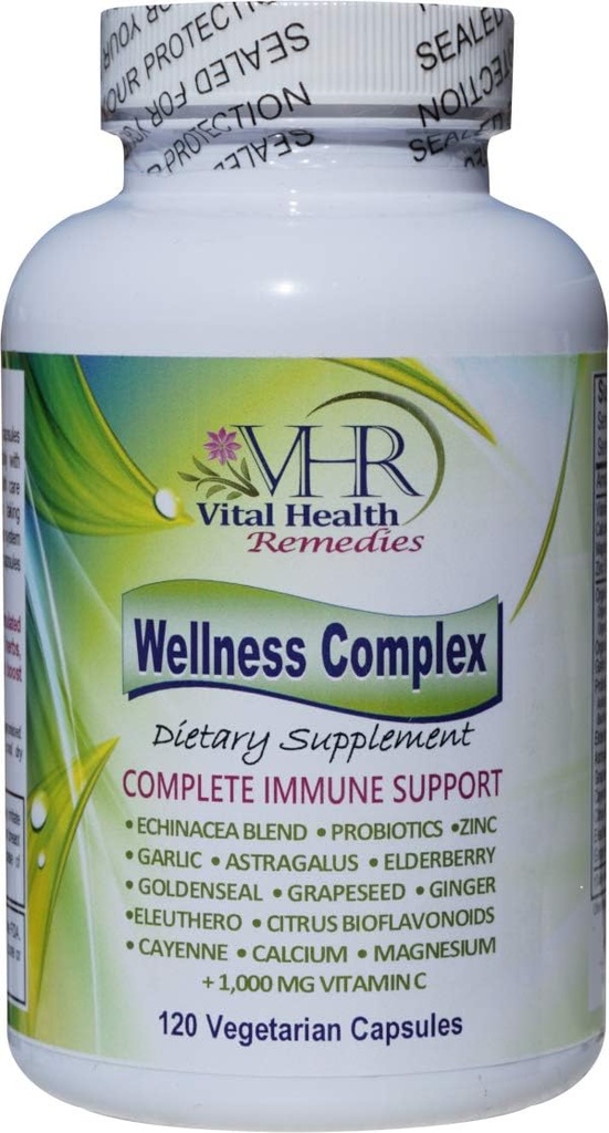 VHR Wellness Complex Immune Boosting Formula s Echinacea, Goldenseal, Cesnak, Probiotiká, Staršie plody, Astragalus, Hroznové semeno, Cayenne, Bioflavonoidy, Eleuthero, Ginger, VIT. C, Zinok. 120 Veg caps
