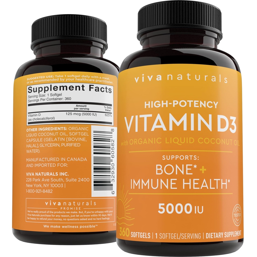 Viva Naturals Vitamín D3 5000 IU Softgels, 360 gróf (125 μg), podporuje kostné a imunitné zdravie, vysoký potencia vitamín D