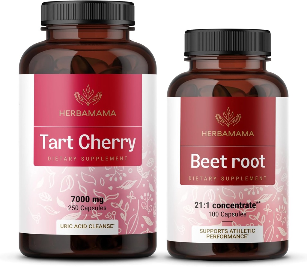 HERBAMAMA Tart Cherry and Beet Root Kit - Bundle of 7000 mg Tart Cherry & 21:1 Concentrate Repeat Root Capsules - Vegan, Non-GMO, Želatína - 2 balenia