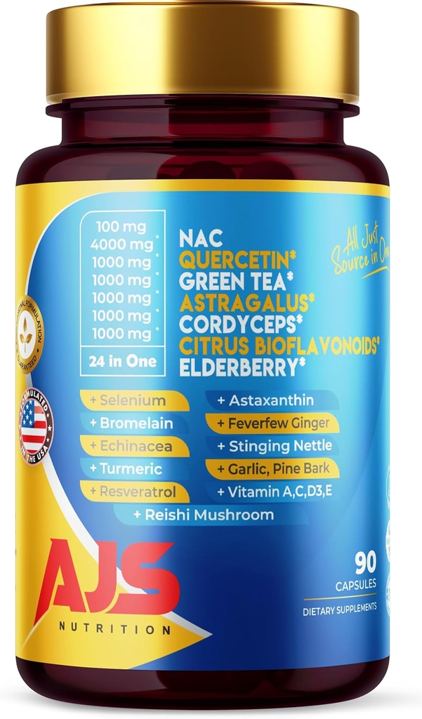 AJS Quercetin 4000mg s Nac Green Tea Cordycepscitrus Elderberry Selénium Hypromelain Echinacea Turmeric Resveratrol Astaxantin Feverfew Ginger Reishi Mushroom 90 Caps 20 v 1
