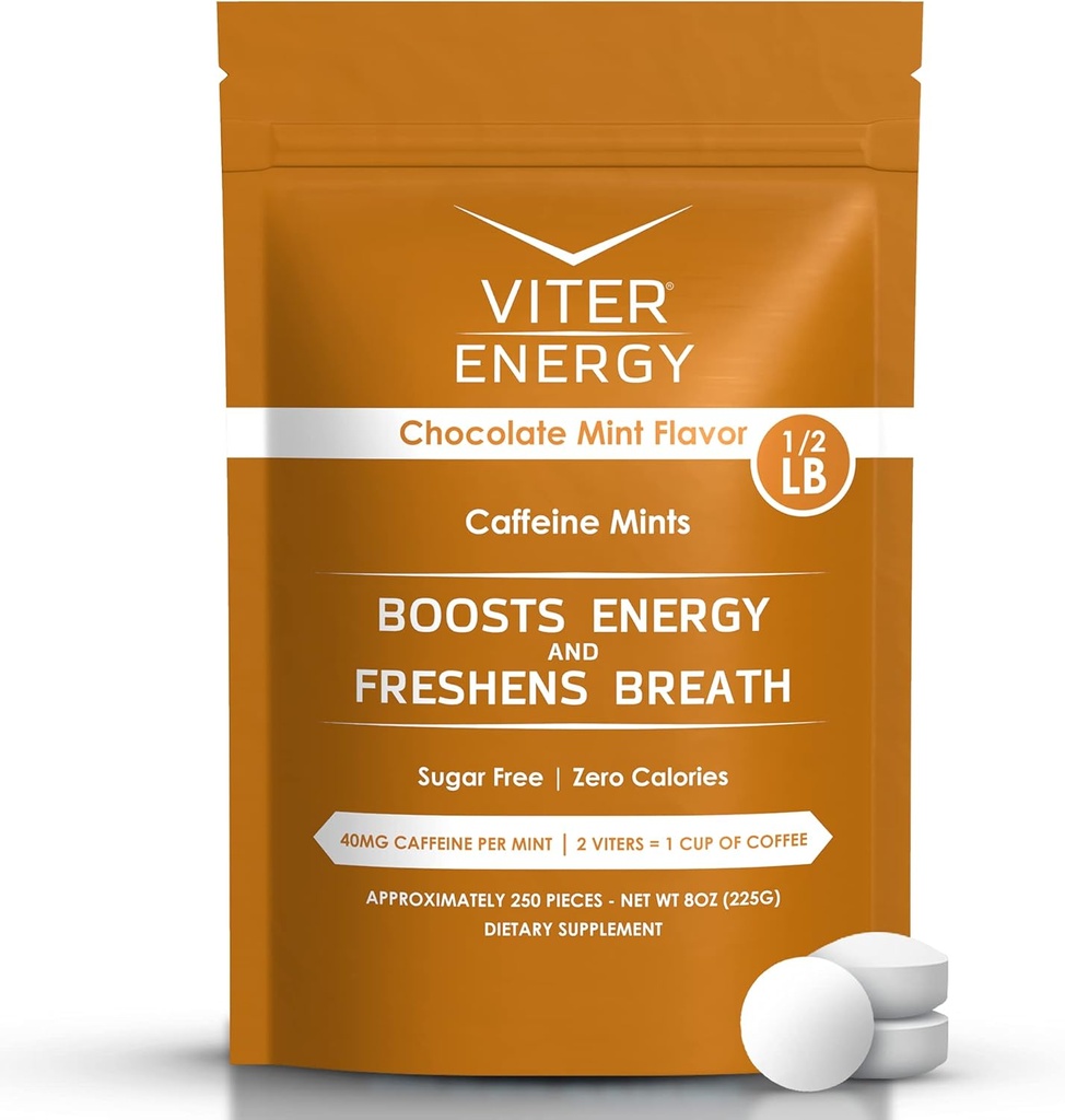 Viter Energy 40mg Kofeínové mäty - bez cukru, B vitamíny, Vegan, Boosts Fast Energized Alert Focus, Kofeínové Noottropic Supplement Pills (Cocolate Mint Flavor, 8oz, hromadný vak)