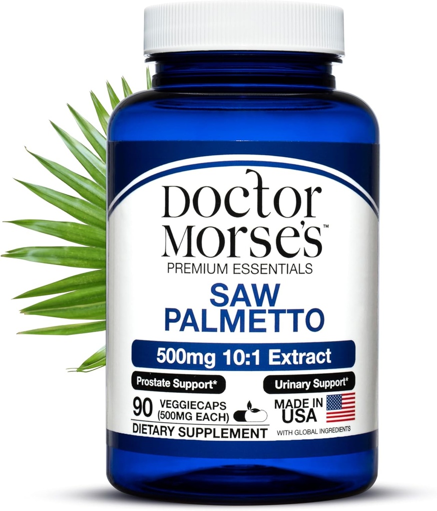 Dr. Morse's Saw Palmetto 10:1 Extract 500mg Ekvivalent 5000mg, Prostate Health Supports for Men & Women - FDA-Registrated, NSF-Certified Facility - Extra Strength Formula - 90 Caps