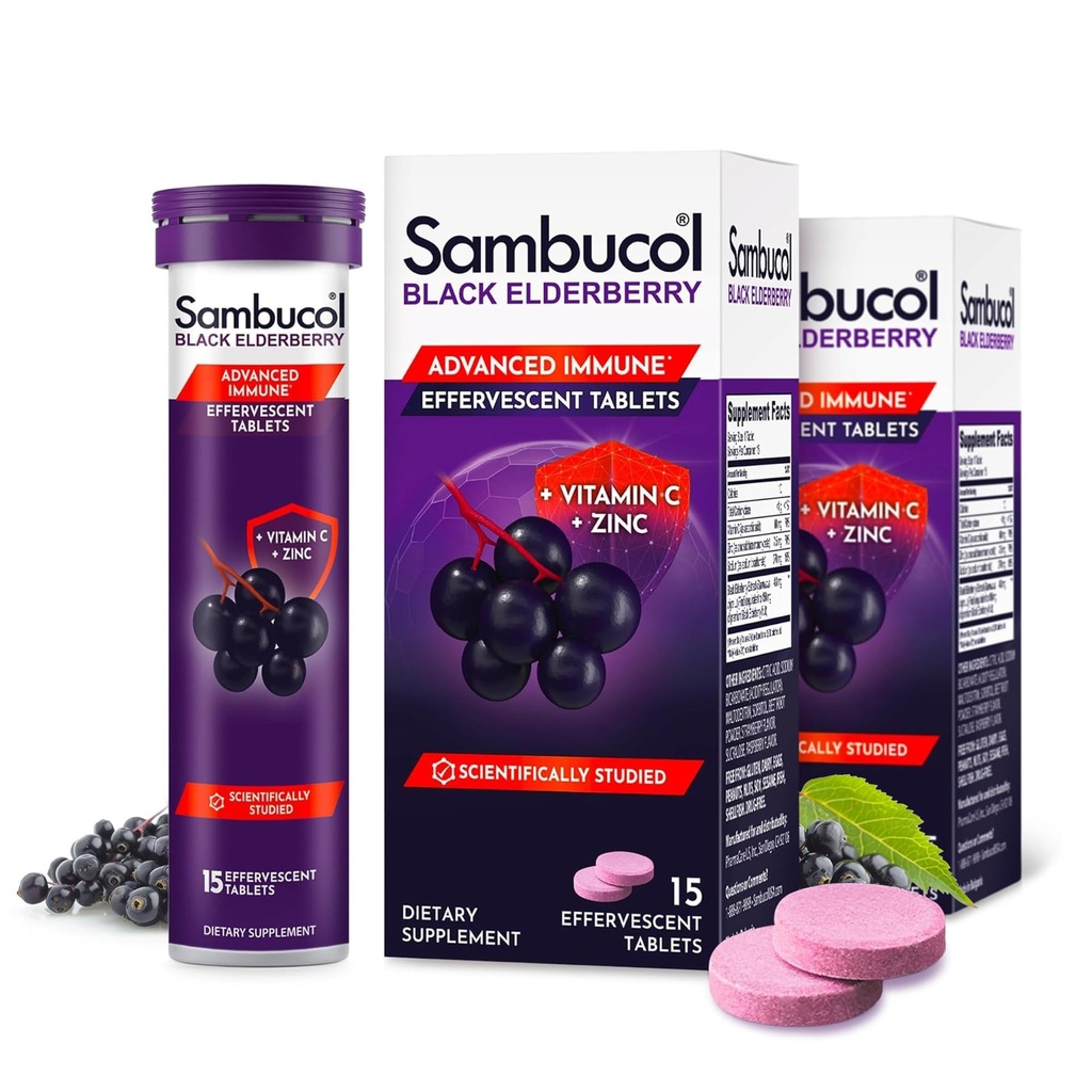 Sambucol Black Elderberry tablety s vitamínom C a zinok - Imunitná podpora doplnok, Black Elderberry s zinkom a vitamínom C šumivé tablety, vysoké antioxidanty, nápoje Fizzies- 30 Počet