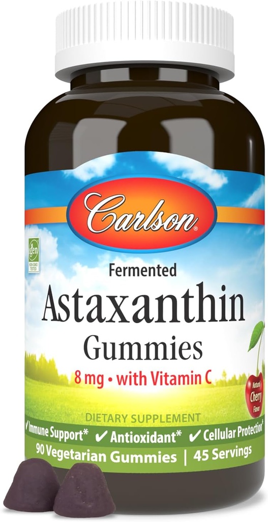 Carlson - Astaxantínové Gummy, s vitamínom C, Imunitná podpora, Antioxidant, zdravie srdca, non-GMO, Cherry Flavor, 90 Vegetariánskych Gummies