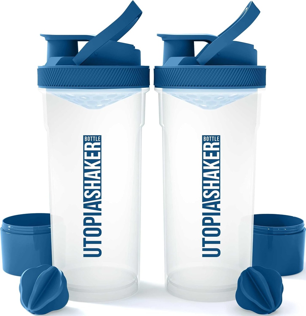 Utopia Domov Fľaša 2 Balenie - 24 Ounce Plastové Proteín alebo Cocktail Fľaša pre pre & post cvičenie s Twist a Lock Protein Box (Clear/Navy)