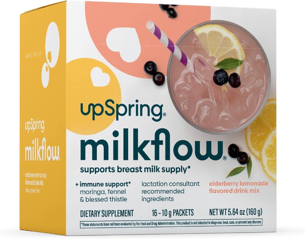 UpSpring Milkflow Immune Support Dojčenie Supplement Drink Mix Senugreek-Free, Moringa bazová citrónová príchuť, Laktačné doplnky na podporu materského mlieka, 16 Mixs