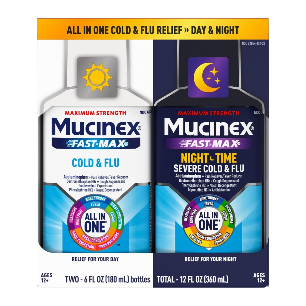 Mucinex Fast-Max Cold a Flu & Nightshift Medicine pre dospelých, Over-The-Counter Mediciation Combo Pack pre úľavu proti bolesti hrdla, Dekongestant, Kašeľ a studená medicína (2 x 6 Fl Oz)