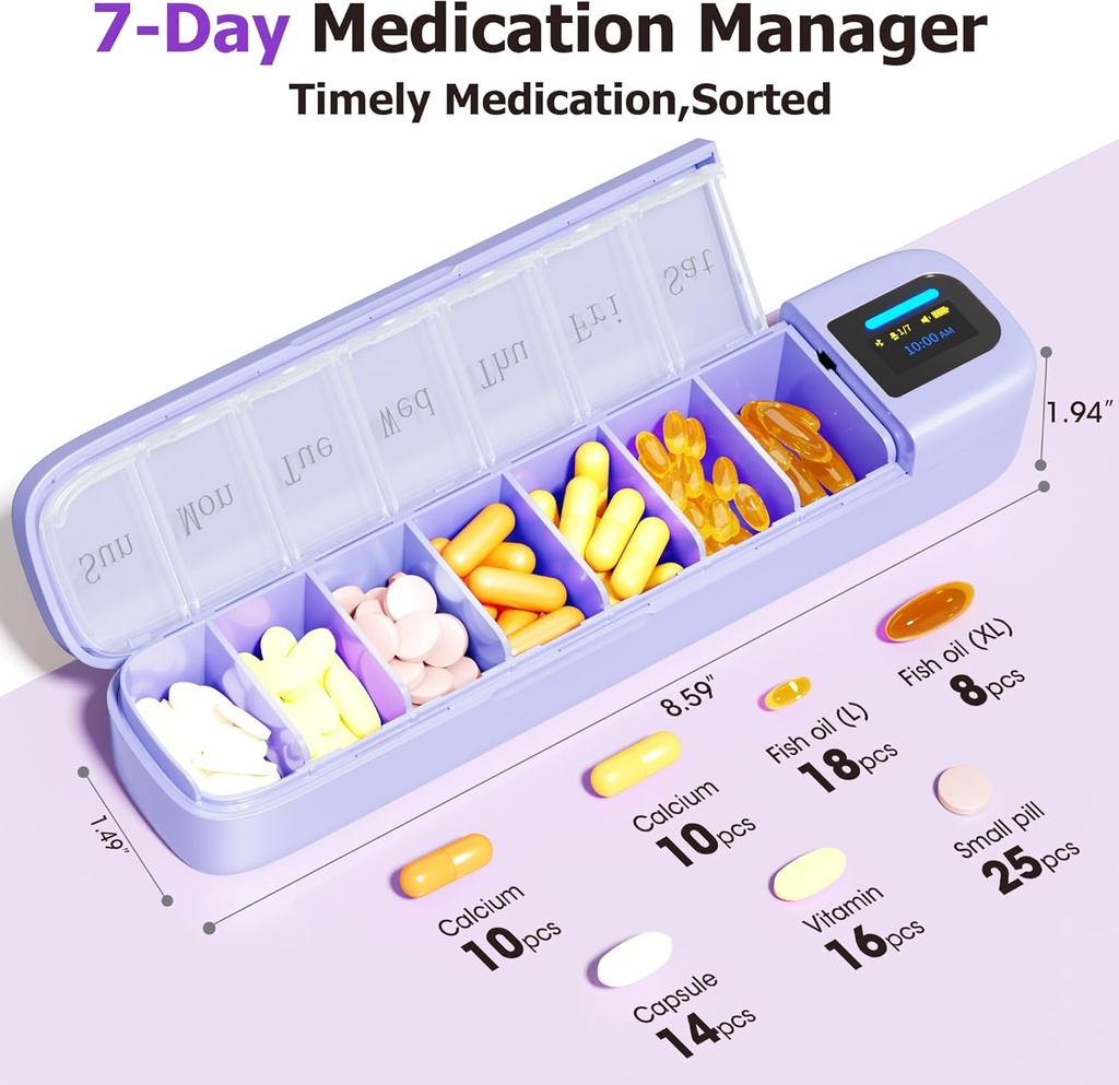 Daviky Smart pilulky Organizátor s alarmom, Bluetooth denne Raz denne pilulky box 7 deň s APP, Týždenné cestovné pilulky prípad, Prenosné pilulky Pripomienka pre lieky, Doplnky a vitamíny (Purple)