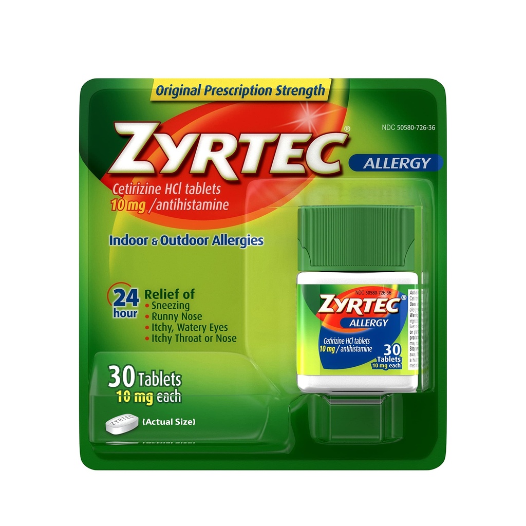 Zyrtec 24 hodín Tablety na zmiernenie alergie, 10 mg cetirizínu HCl Antihistaminika Alergická medicína, 30 ot