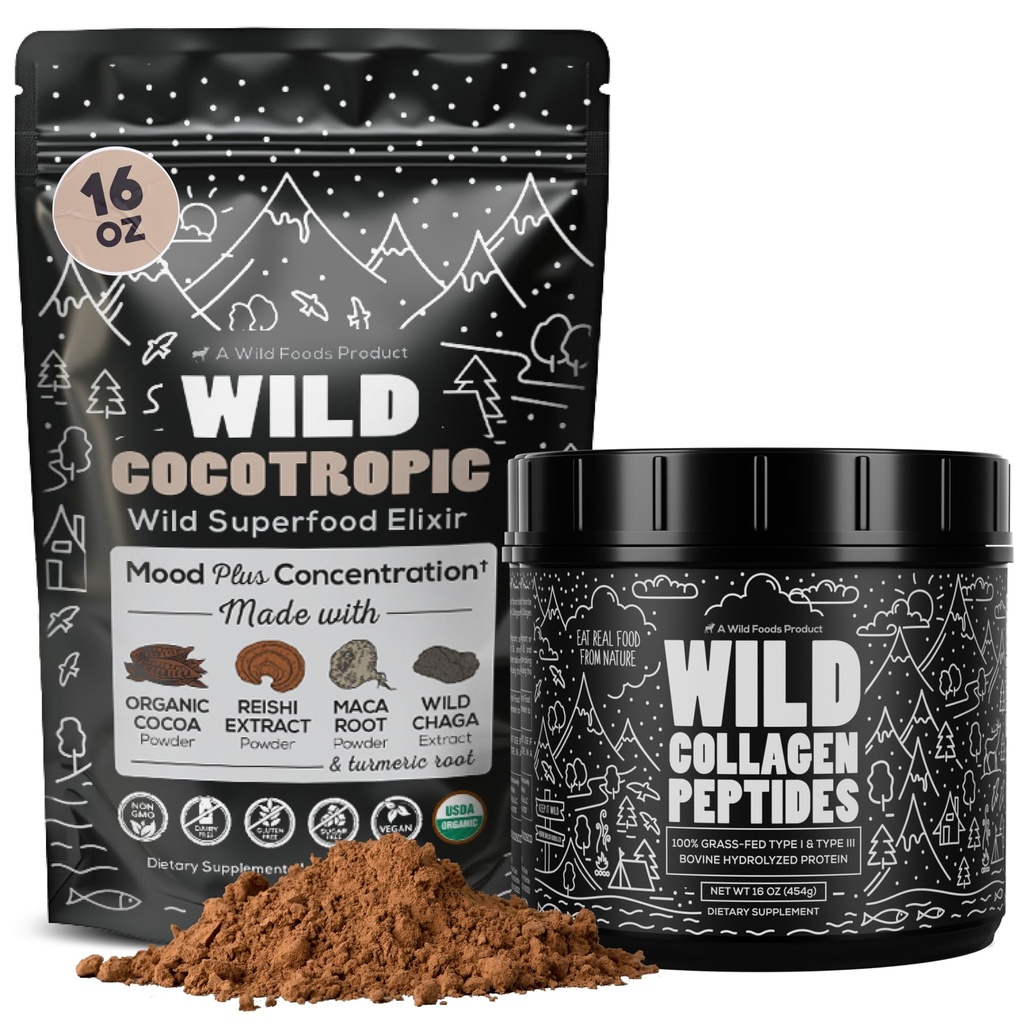 Cocotropic Organic Mushrom Cacao Mix (16oz) & Collagen Peptides (16oz) Bundle for Skin, Hair, and Joint Support