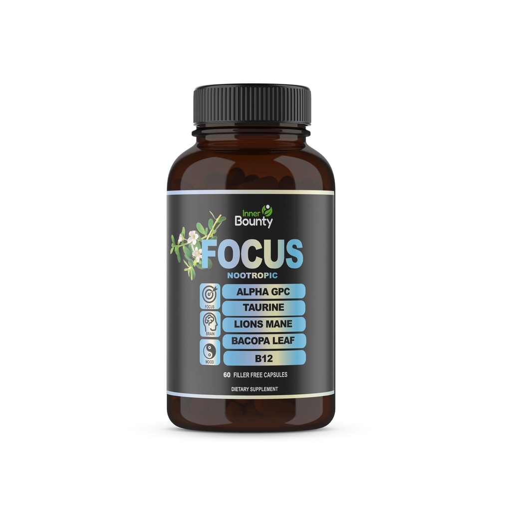 Focus 14-in-1 Nootropic Brain Supplement with Lions Mane, Alpha GPC Cholín, Vitamín C & B12, Taurín, Bacopa - Energy, Cognitive, Pamäťová podpora, 60 Filler Free Capsules