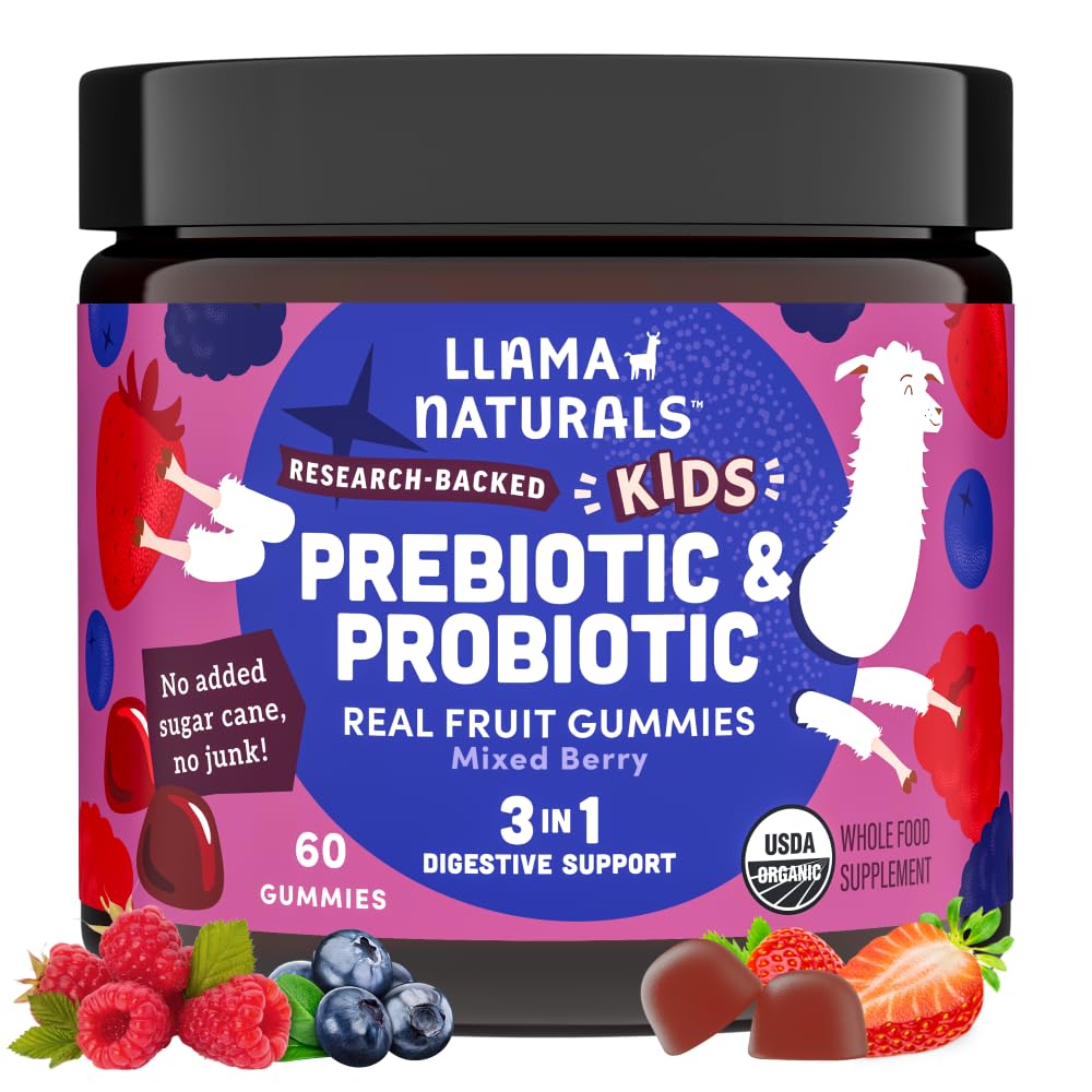 Llama Naturals Kids Probiotiká s prebiotickými Fiber, Vegan, Organické Prebiotiká a probiotiká Gummy pre podporu zdravia Gut, Batoľa skutočné ovocie Gummy vitamíny, žiadne pridané cukrovej trstiny, zmiešané Berry, 60 Ct