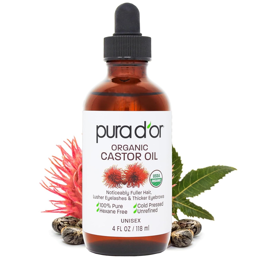 PURA D'OR 4 Oz ORGANIC Castor Oil - 100% Pure USDA Certified Cold Pressed, Hexane Free Eyelash & Eybrow Serum - For Fuller, Thicker Lashes & Brows - Koža a vlasy