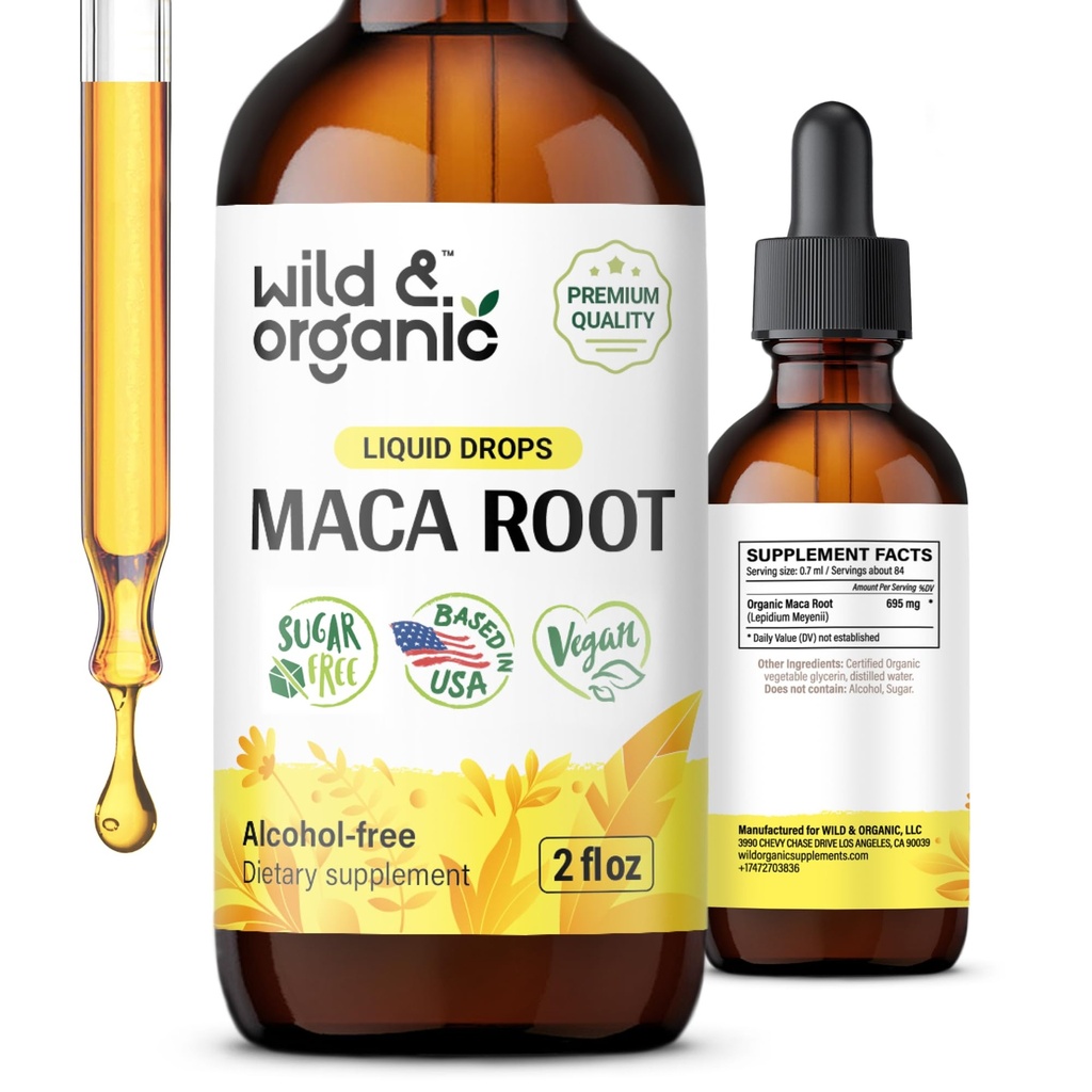 Wild & Organic Maca Root Drops for Women & Muži - Mood, Focus, Active Lifestyle - Peruánsky Maca Supplement - Vegán, cukor a alkohol-free Tinture - 2 fl oz