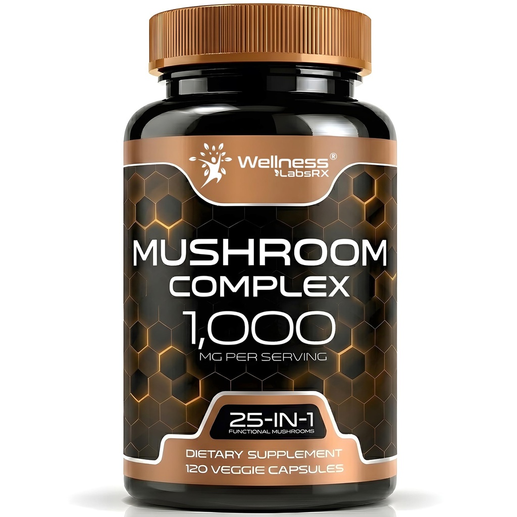 WELLNESS LABSRX Supplement Mushroom Kapsule 10:1 Extrakt, Mushroom Complex Kapsule 1000mg, Lions Mane Supplement with Turkey chvost, Cordyceps, Reishi - 120 Gróf