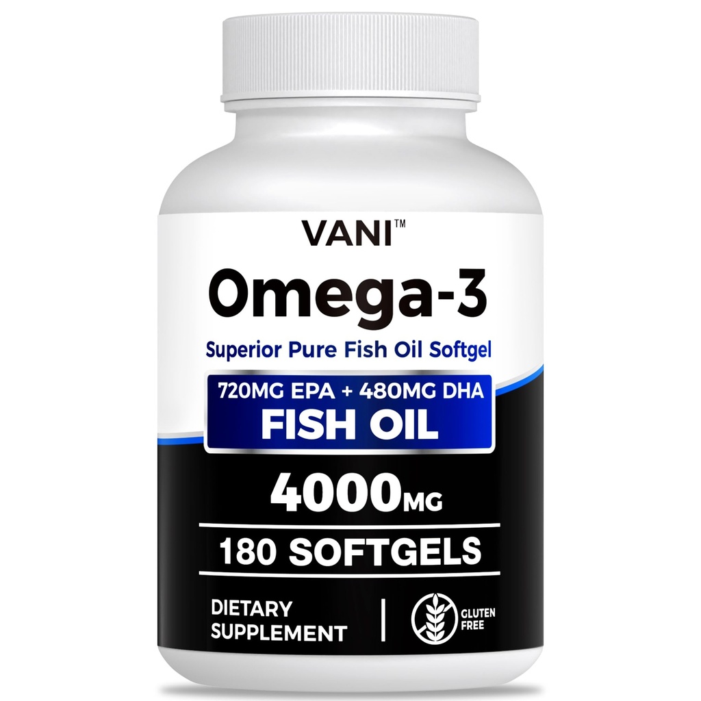 Rybí olej Omega 3 (4000mg), 180 Softgels,Omega 3 Doplnky mastných kyselín s EPA a DHA pre zdravie mozgu a srdca