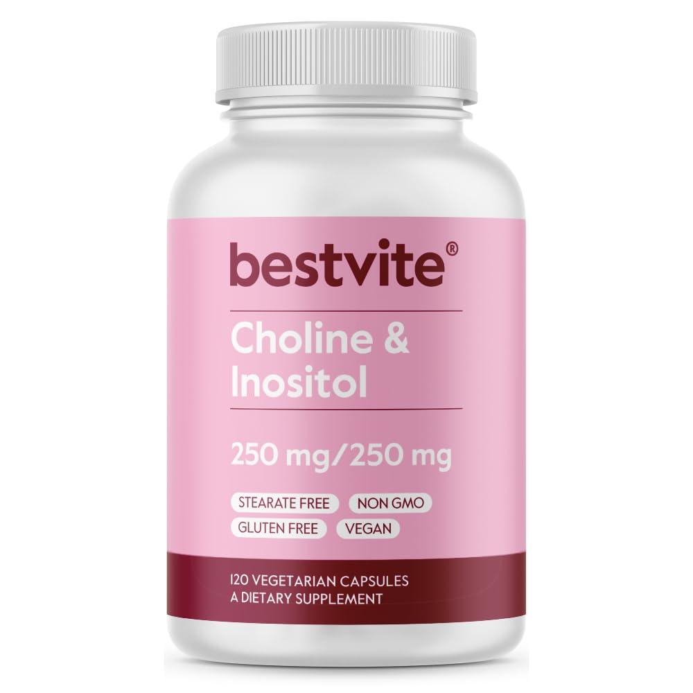 BESTVITE Choline Inozitol 500mg (120 Vegetariánske kapsuly) - Žiadne stearáty - Bez výplne - Bez dikalciumfosfátu - Vegan - Non GMO - bez lepidla