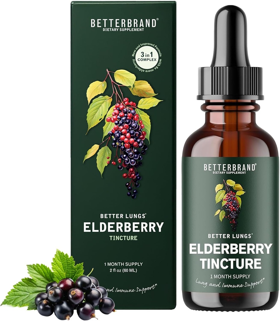 Betterbrand BetterLungs Elderberry Tinture Dietary Supplement - All Natural Cukor-free non-GMO Vegetarián pre zimnú imunitnú podporu (30 dní)