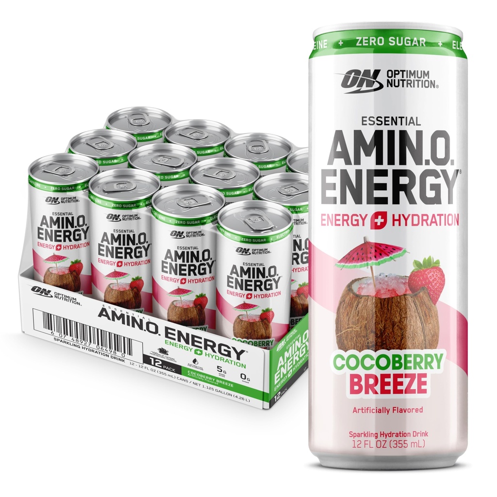 Optimum Nutrition Amino Energy Sparkling Hydration Drink, Electrolytes, kofeín, Amino Acids, BCAAs, Sugar Free, Cocoberry Breeze, 12 Fl Oz, 12 Balenie (Backaging May Vary)