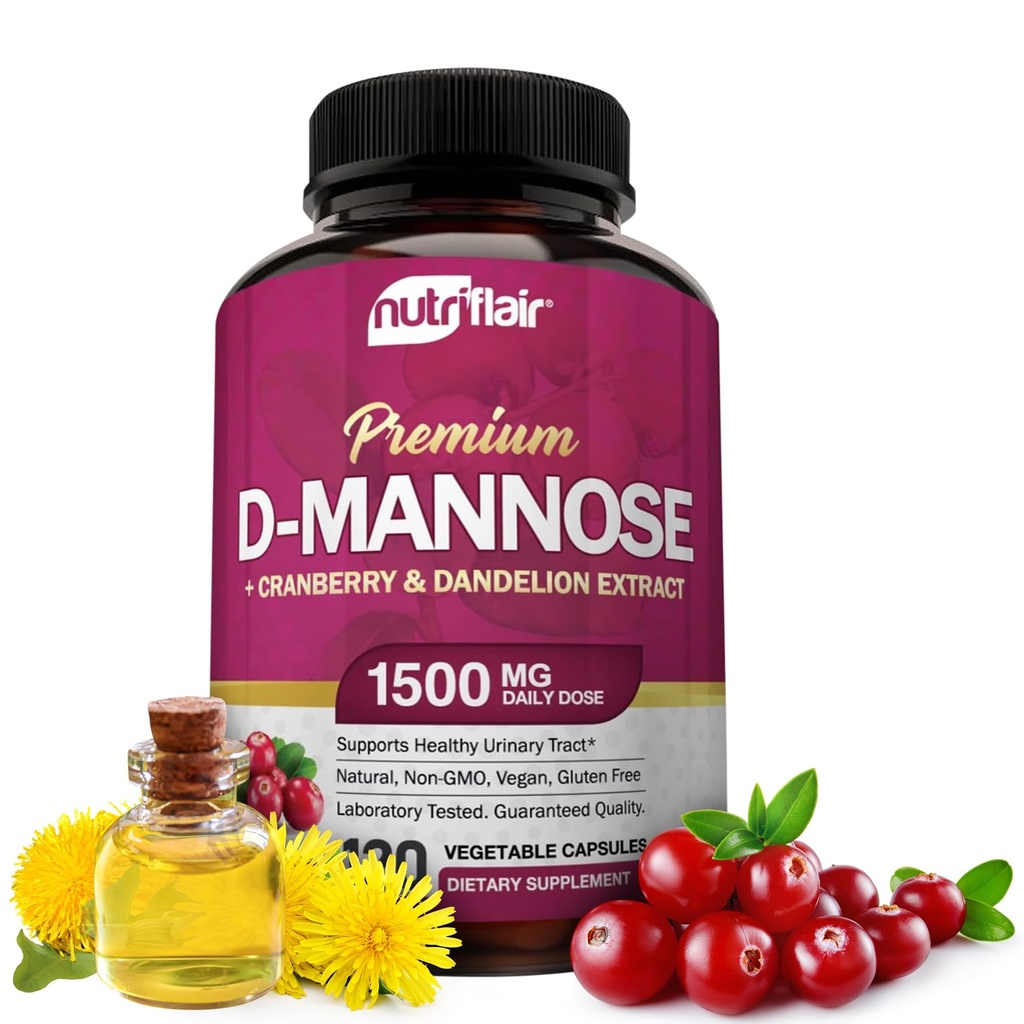NutriFlair D-Mannose 1200mg, 120 Kapsule - s Cranberry a púpava extrakt - Prírodné močové tract Health UTI Podpora - Najlepšie D Mannose Powder - Flush Nečistoty, Detox Body, pre ženy a mužov