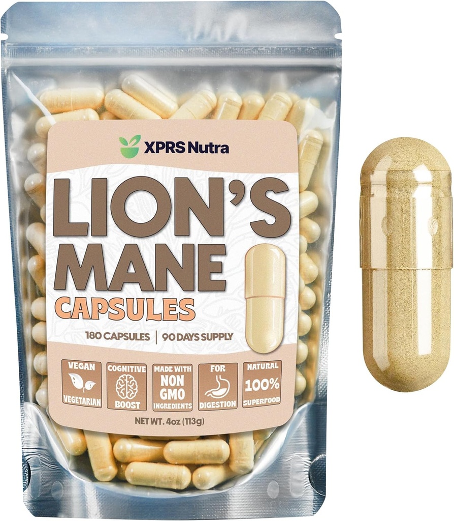XPRS Nutra Organic Lions Mane Supplement Kapsule - 180 Count (90 Day Supply) of Premium Lion's Mane Mushrom Capsulas od Mental Clarity, Cognition and Imunity Lions Mane Powder Capsulas