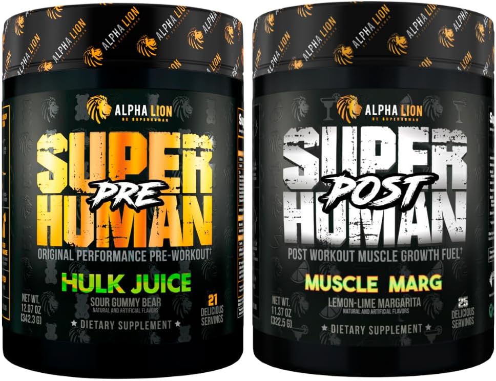 ALPHA LION Superhuman pred tréningom Powder & Po tréningu zotavenie Bundle, Trvalá energia & Focus + Lean Muscle Rast, sila a objem (Hulk Juice & Muscle Marg
