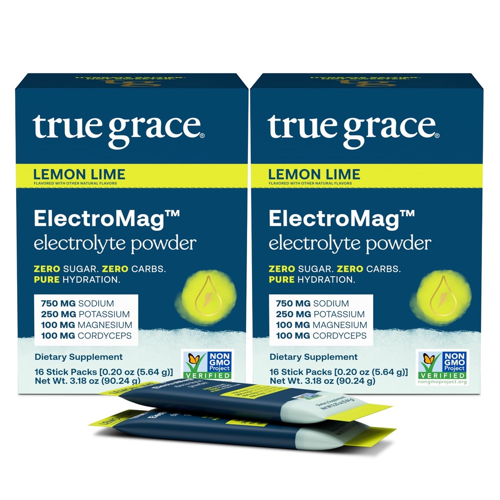 Pravá Grace ElectroMag - 16 Stick Packs (Pack of 2) - Citrónová vápno - Elektrolytový prášok na rýchlu hydratáciu - sodík, draslík, horčík a Cordyceps - Zero Cukor & Carbs - Non-GMO - 32 Celkové služby