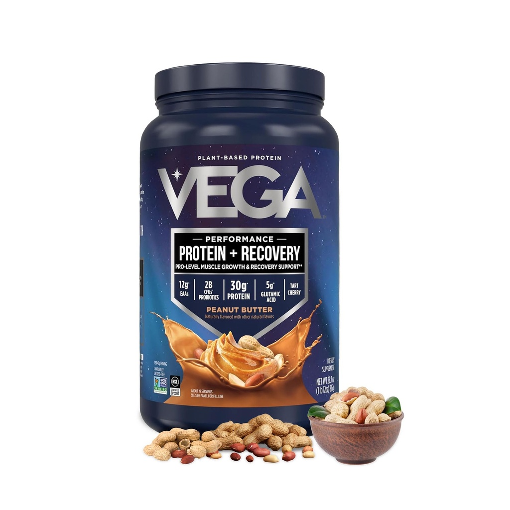Vega Sport Vegan Protein Powder + Recovery - 30g Plant Based Protein per Serving, Arašidové maslo, 19 Servings, 5g BCAA, Probiotiká, NSF Certified, For Shakes & Smoothies, 1.8lbs (Packaging May Vary)