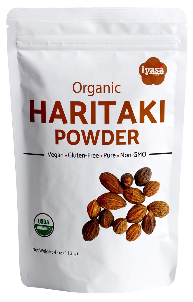 Iyasa Holistics Organic Haritaki Powder, Harde, Harad, Terminalia chebula, Kadakapudi, Ayurveda bylina pre trávenie, Relief plynu, zdravá funkcia čriev, superpotraviny, Odolný vak zo 4 oz