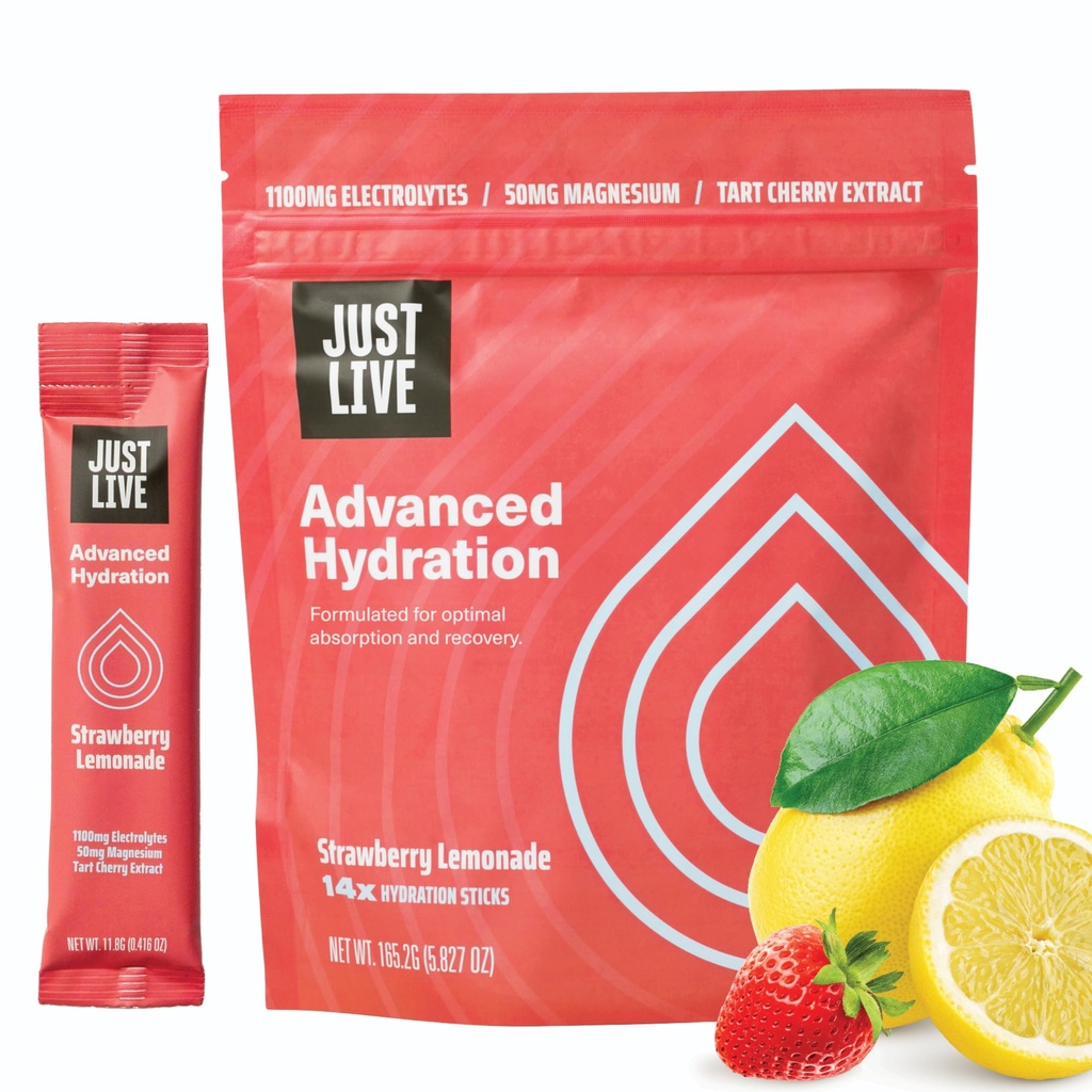 Len živá pokročilá hydratácia - jahodová limonáda, Electrolyte Drink Mix, extrakt z čerešní, podporuje zotavenie a absorpciu, nízky cukor, 14 balení