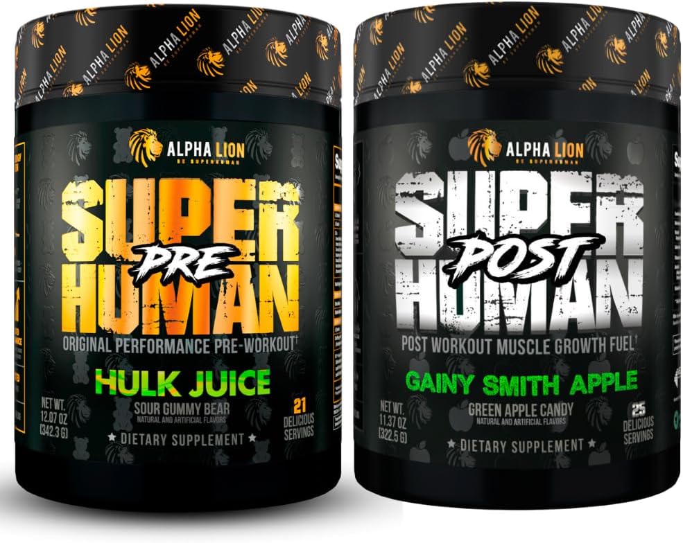 ALPHA LION Superhuman pred tréningom Powder & Po tréningu zotavenie Bundle, Trvalá energia & Focus + Lean Muscle Rast, sila & objem (Hulk Juice & Gainy Smith Apple)