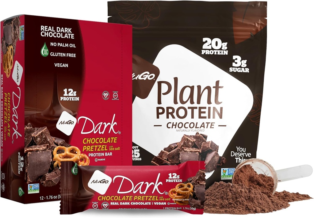 NuGo Dark Chocolate Pretzel w/SS, 12g Vegan Protein, Gluten Free, Kosher Pareve, Non-GMO, 12 Count and NuGo Plant Protein Powder, Chocolate, 20g Protein, 3g Cukor, 25 Servings