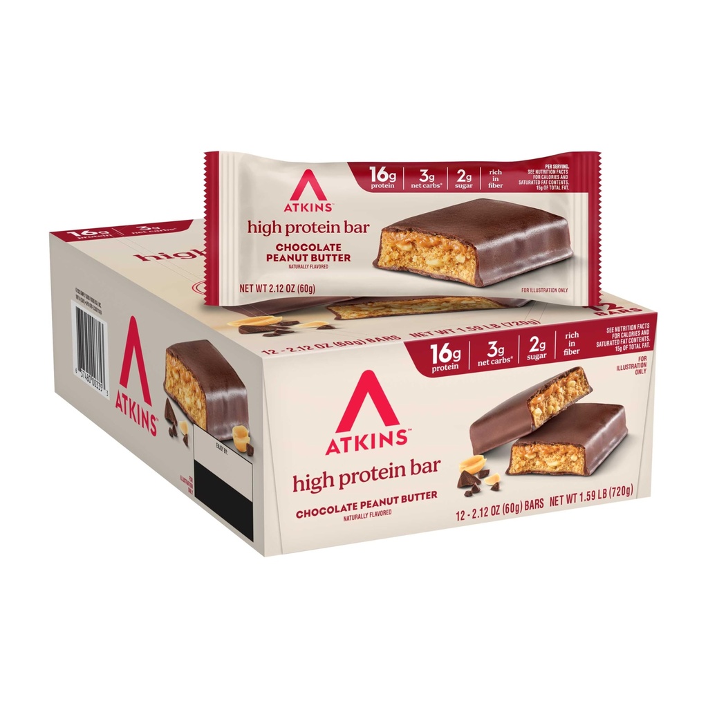 Atkins Čokoláda Arašidové maslo Bielkovina Jedlo Bar, High Fiber, 16g Bielkoviny, Nízky cukor, 3g Net Carb, Nízky Carb, Keto Friendly, 12 Počet