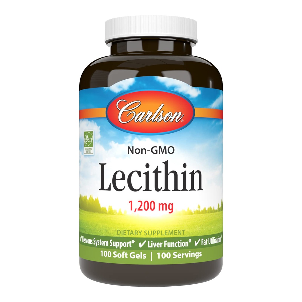 Carlson - Lecitin, non-GMO, 1200 mg, Nervový systém a funkcia pečene, nebielený sójový lecitín, 100 softgelov