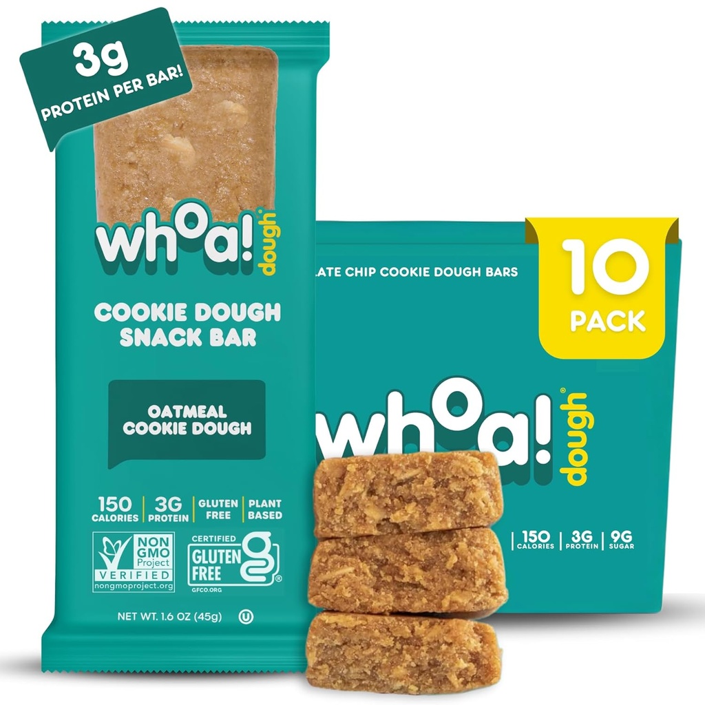 Whoa Dough Jedlé Cookie Dough Bary- Certified Non-GMO, Košer a lepidlo zadarmo Bary - Zdravé Snack Foods - Rastlinné na báze Snacks Vyrobené s skutočnými prísadami - Ovsené sušienky Dough - 10 Balenie