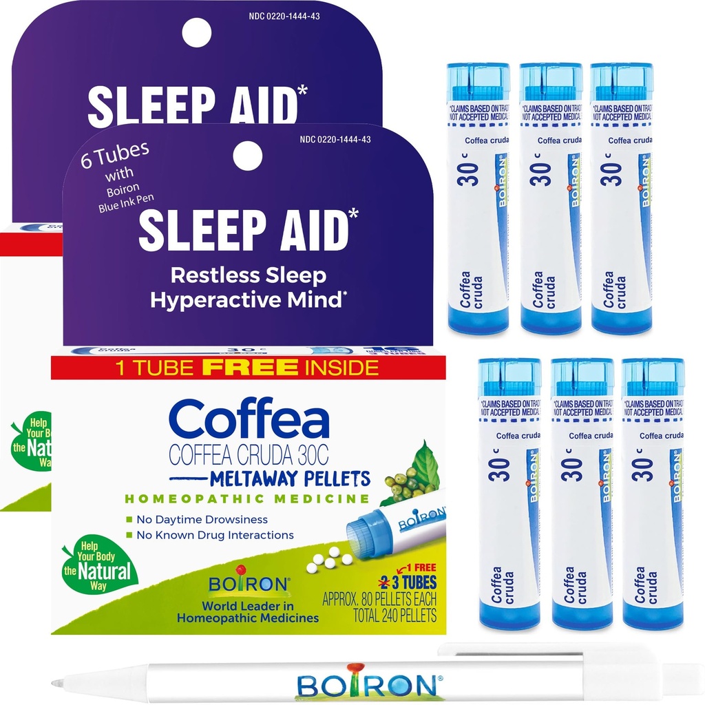 Boiron Coffea Cruda 30C - 6 Celkový Blue Tubes - Homeopatická spánková pomôcka pre nepokojný spánok, duševná hyperaktivita, pretekárske myšlienky a ťažkosti so spánkom s modrým atramentovým perom