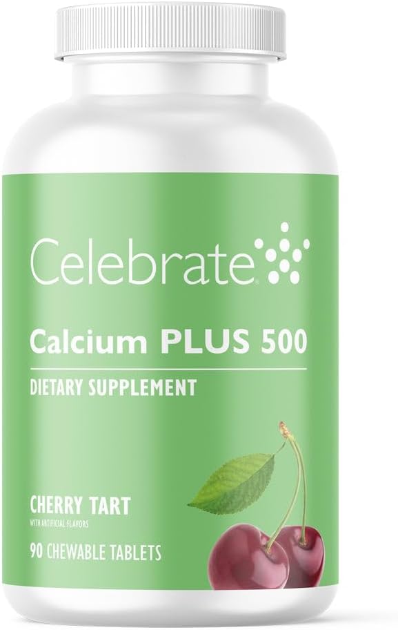 Oslavovať Vitamíny Vápnik Plus - 500 mg Vápnik Citrát, 333 IU Vitamín D3 & 34 mg Magnézium pre postbariatrickú chirurgiu - bezlepok a bez cukru - Cherry, 90 žuvacích tabliet