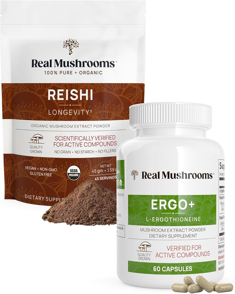 Skutočné huby Ergotioneine (60ct) a Reishi Organic Powder (45 Servings) Bundle with Shiitake and Oyster Mushrom Extracts - Longevity and Relaxation -Vegan, Gluten Free, Non-GMO