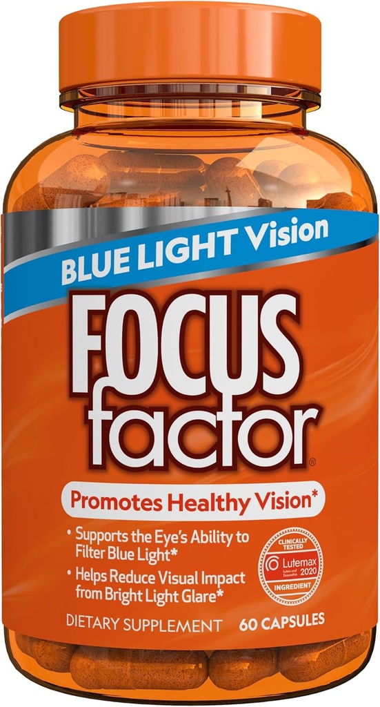 Focus Factor Blue Light Formula (60 Počet) - Očné vitamíny s Blue Light Filtrácia podpora - luteín a Zeaxantin doplnok s vitamínom C, vitamín E, lutemax 2020® - podpora zdravia očí
