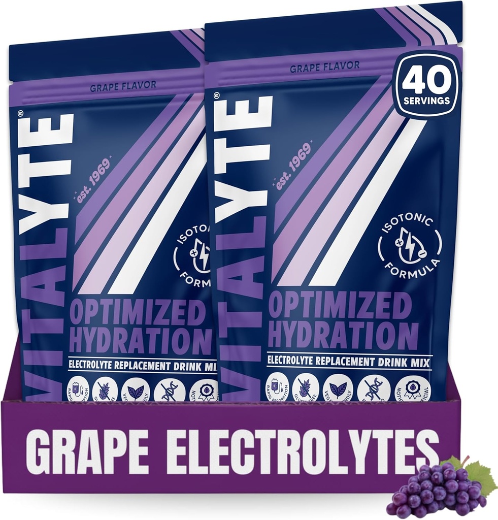 Vitalyte Powder Drink Mix, Isotonic Electrolyte Hydration Mix, Gluten Free Post Workout Powder Mix, balenie po 2, 35 oz. Každá, hroznová chuť