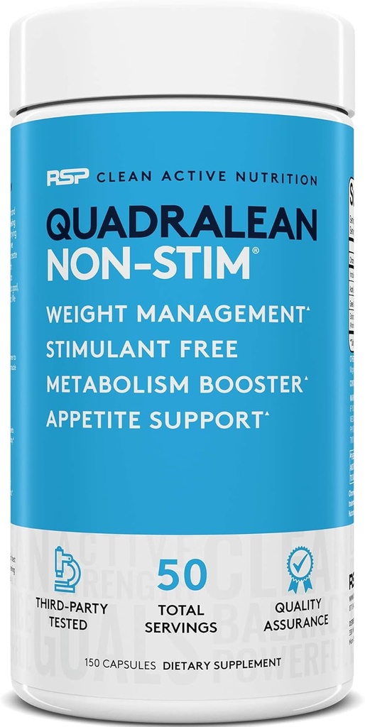 RSP Nutrition QuadraLean - Stimulant Free Weight Management, metabolizmus Booster, Energy & Appetite Support - CLA, L-karnitín, extrakt zo zeleného čaju, Non-Stim Formula, 50 Serv (Packaging May Vary)