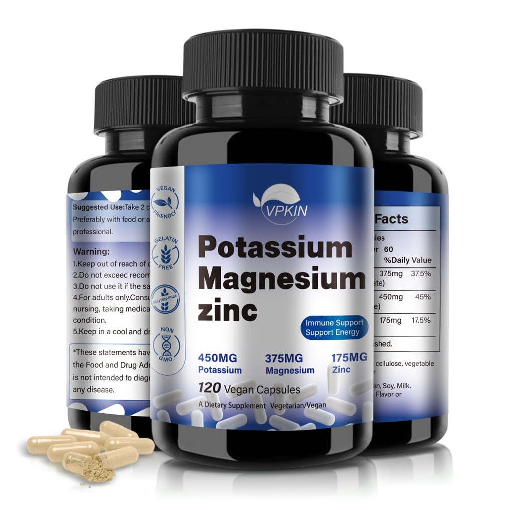 Kálium Magnézium Supplement 1000 mg, Magnézium Draslík Zinok Aspartát Podpora Cievne, kosť, srdce, svalové a nervové zdravie, non-GMO, Vegan, (120 kapsuly)