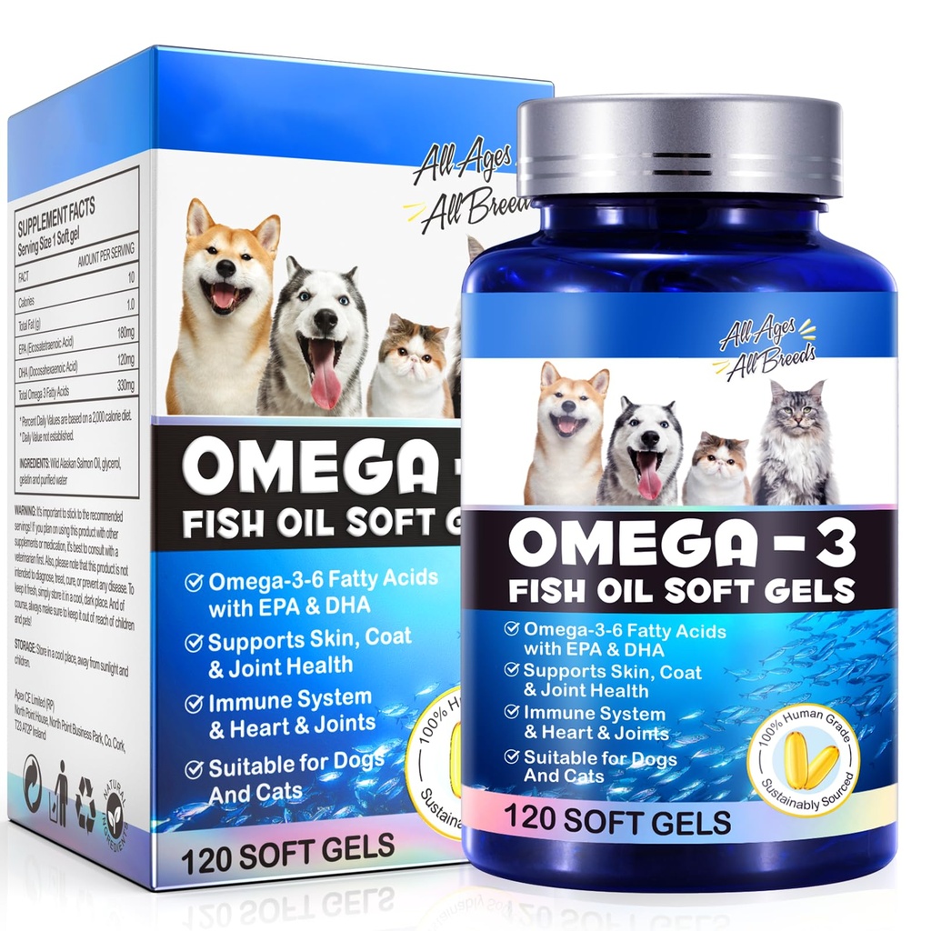 Omega-3 rybí olej pre psy, Omega 3 rybí olej s EPA a DHA podporuje psy Sezónne alergie Relief, Boosts Immune Function, Ich Skin Relief & Promotion Coat Health, Pet Supplements - 120 Soft Gels