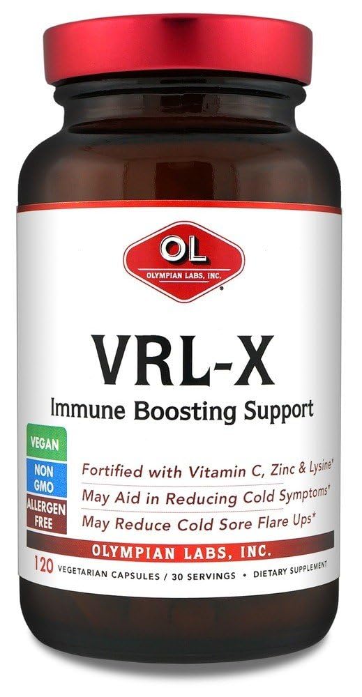 Olympian Labs VRL-X Advanced Immune Support, Vitamín C, Zinok a Lyzín, May Aid in Cold Sore Relief, 120 Kapsule